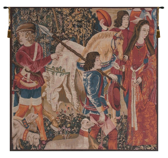 Medieval European Unicorn Wall Tapestry - Millefleurs Woven French Hanging Art - Lady and Animal Decor