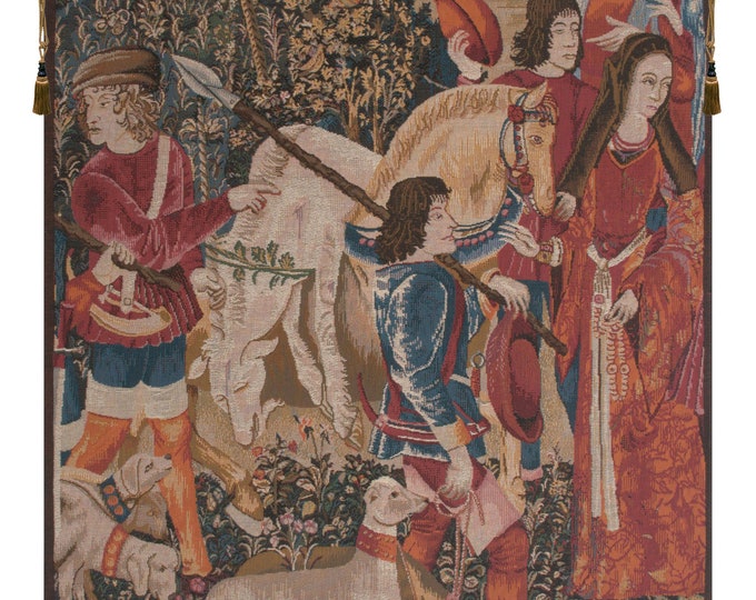 Medieval European Unicorn Wall Tapestry - Millefleurs Woven French Hanging Art - Lady and Animal Decor