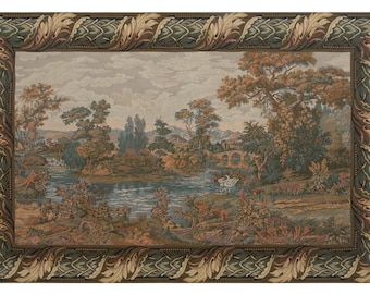 Wall Tapestry Swan In The Lake Medium with Border Wall Art, Italian Bedroom Wall Decor, Jacquard Woven Wall Hanging Tapestry Gift For Him