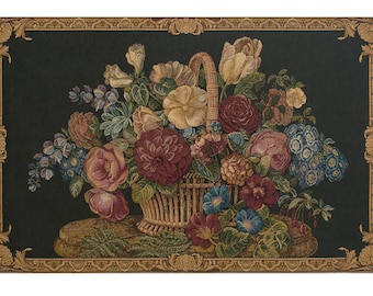 Flower Basket Black II European Wall Tapestry - Black Background Wall Decor Art - Floral Jacquard Wall Hanging - Woven Italian Wall Tapestry