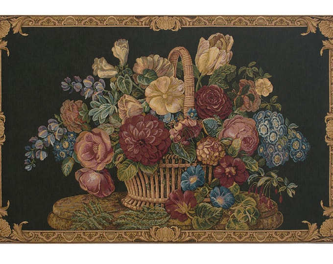 Flower Basket Black II European Wall Tapestry - Black Background Wall Decor Art - Floral Jacquard Wall Hanging - Woven Italian Wall Tapestry