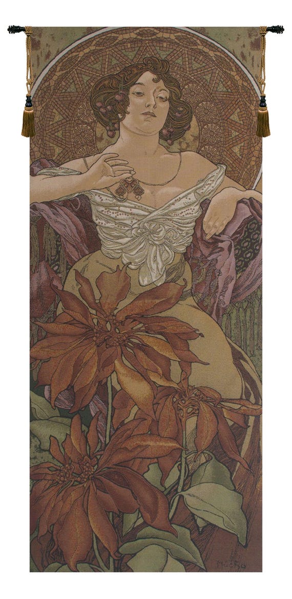 Alphonse Mucha Rubis Jacquard Woven Tapestry - Elegant Art Nouveau Floral Wall Hanging Decor