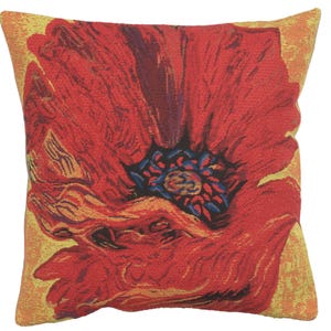 May include: Red poppy flower pillow with a yellow background. The pillow is made of woven fabric and features a close-up of the poppy flower.