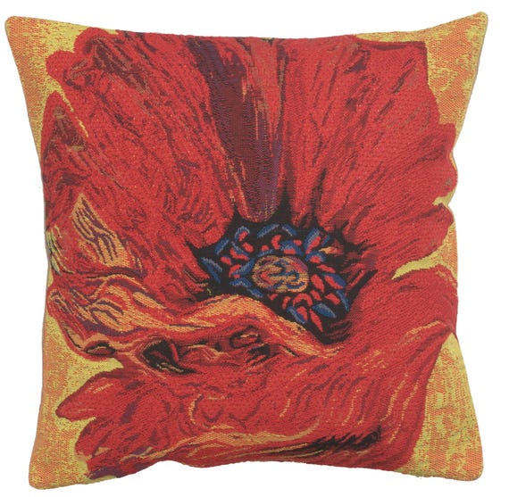 Poppy Red II Belgian Tapestry Cushion Cover - Red Floral Decorative Sofa Pillow Case - Woven Pillow Cover - 16x16 inch Gobelin Cushion Cover