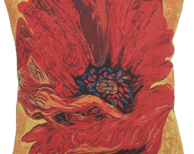 Poppy Red II Belgian Tapestry Cushion Cover - Red Floral Decorative Sofa Pillow Case - Woven Pillow Cover - 16x16 inch Gobelin Cushion Cover
