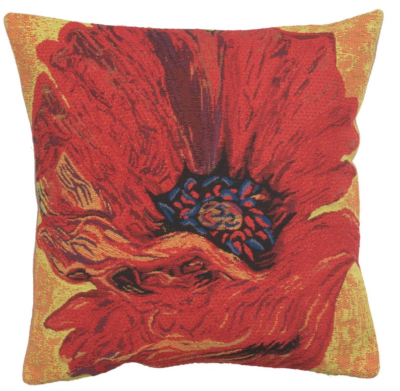 May include: Red poppy flower pillow with a yellow background. The pillow is made of woven fabric and features a close-up of the poppy flower.