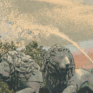 May include: A tapestry featuring two stone lions with a fountain in the background. The lions are depicted in a realistic style with detailed features and a textured surface. The fountain is spraying water upwards, creating a misty effect.