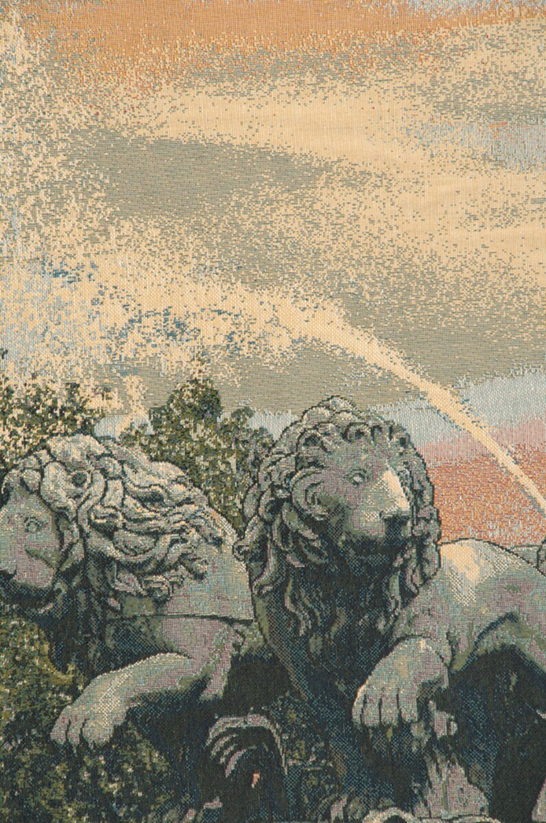 May include: A tapestry featuring two stone lions with a fountain in the background. The lions are depicted in a realistic style with detailed features and a textured surface. The fountain is spraying water upwards, creating a misty effect.