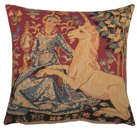 Unicorn Tapestry Pillow Cover: Medieval Belgian Jacquard Woven Cushion (14x14 inch)