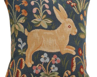 Running Rabbit in Blue Tapestry Pillow Cover 14x14 inch inch - Jacquard Woven Cushion Case - Medieval Sofa Throw Pillow Covers