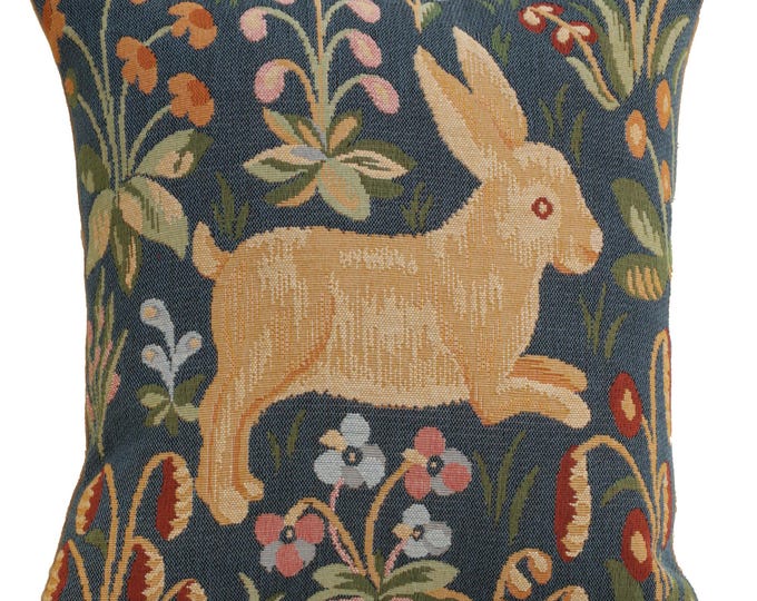 Jacquard Woven Rabbit Pillow Cover – 14x14 Cotton Cushion, Made in France