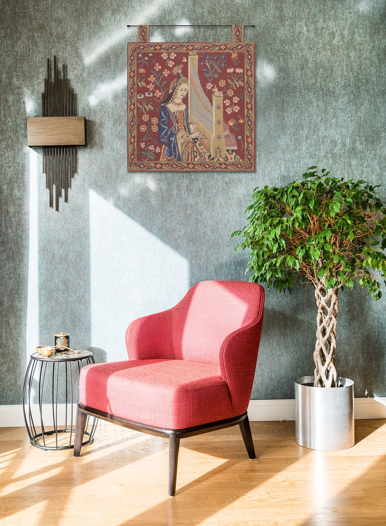 Lady and Unicorn Tapestry: Medieval Woven Wall Hanging, 19x19 inch image 5