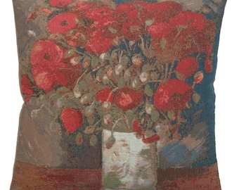 Van Gogh Poppies French Tapestry Cushion Covers - Red Floral Cushion Cover - Gobelin Throw Pillow Covers - 18x18 Inch Sofa Pillow Covers