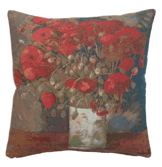 Van Gogh Poppies Tapestry Cushion Cover: French Floral Pillow (18x18 Inch)