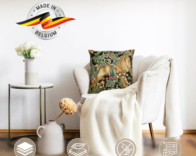 William Morris Lion Tapestry Pillow Cover: Belgian Jacquard Woven Cushion (18x18 inch)