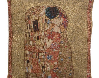 Le Baiser by Klimt Woven Tapestry Pillow Case - Gobelin Belgian Cushion Cover - Throw Pillow Covers 16x16 - Housewarming Gift for Women