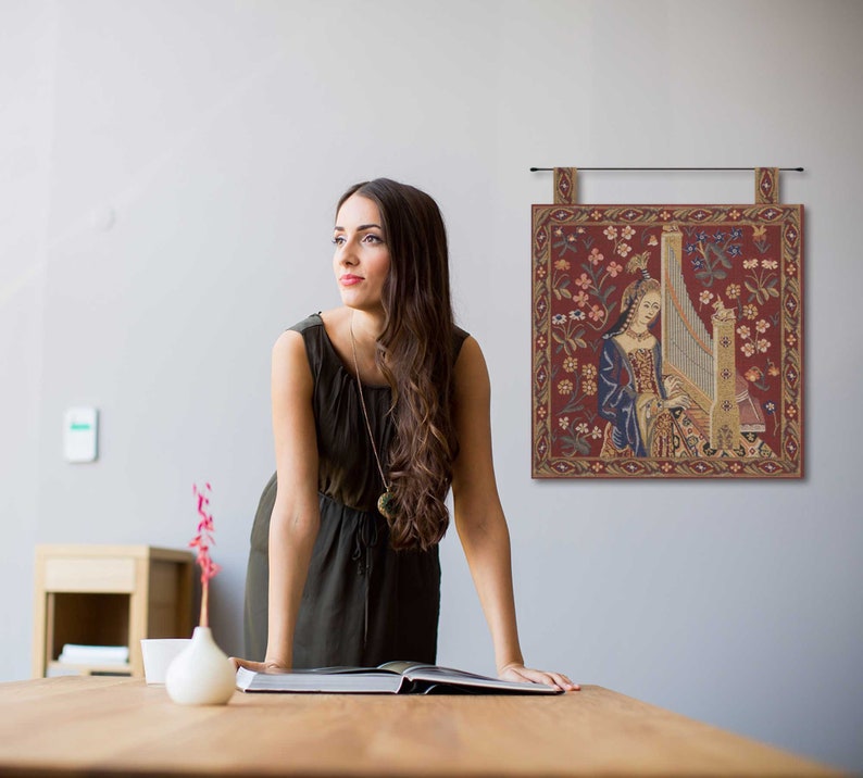 Lady and Unicorn Tapestry: Medieval Woven Wall Hanging, 19x19 inch image 6