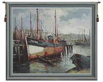 North Sea Harbour European Wall Tapestry - Decorative Wall Hanging - Home Décor Wall Art - Lake Belgian Tapestry Wall Décor Art