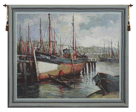 North Sea Harbour Tapestry: Belgian Woven Wall Art (37x43 inch)