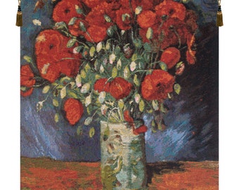 Poppy Flowers European Wall Tapestry - Van Gogh Art - Red Floral Bouquet Jacquard Wall Décor Art - Woven Home Décor Wall Hanging