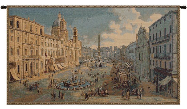 May include: A tapestry depicting a bustling city square in Rome, Italy. The square is surrounded by buildings, including a large church with a dome. In the center of the square is a fountain with a statue of a man. There are many people walking around the square, and some are riding horses.