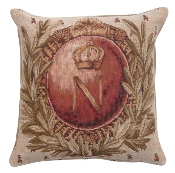 Napoleon I Tapestry Cushion Cover: French Gobelin Pillow, Initial N (14x14 inch)