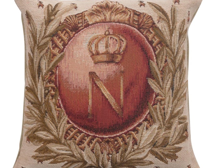 Napoleon I Tapestry Cushion Cover: French Gobelin Pillow, Initial N (14x14 inch)