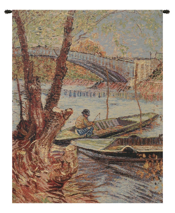 Van Gogh Fishing in Spring Tapestry: Belgian Woven Wall Art (24x18 inch)