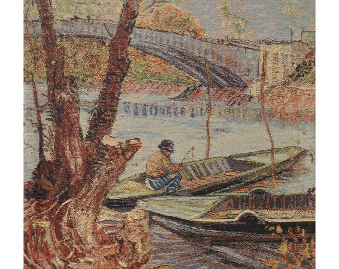 Van Gogh Fishing in Spring Tapestry: Belgian Woven Wall Art (24x18 inch)
