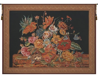 Flora Cotta Black European Wall Tapestry - Floral Wall Décor Art - Woven Wall Hanging Tapestry - Flower Bouquet Jacquard Tapestry Art
