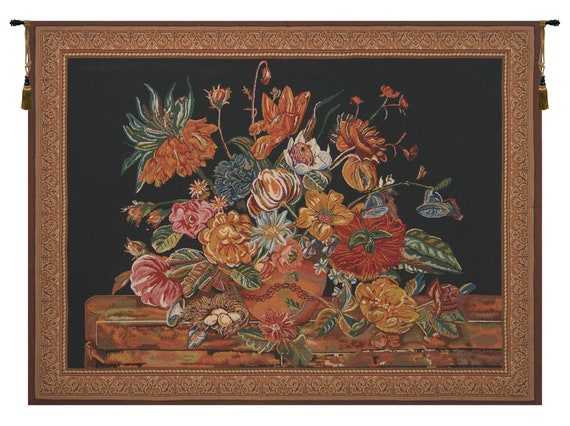 Floral Jacquard Wall Tapestry: Black European Flower Bouquet Art