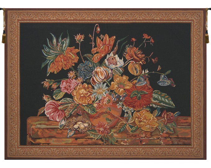 Floral Jacquard Wall Tapestry: Black European Flower Bouquet Art