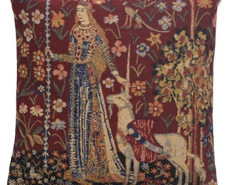 Lady and Unicorn Tapestry Pillow Cover: Medieval Belgian Woven Cushion (16x16 inch)