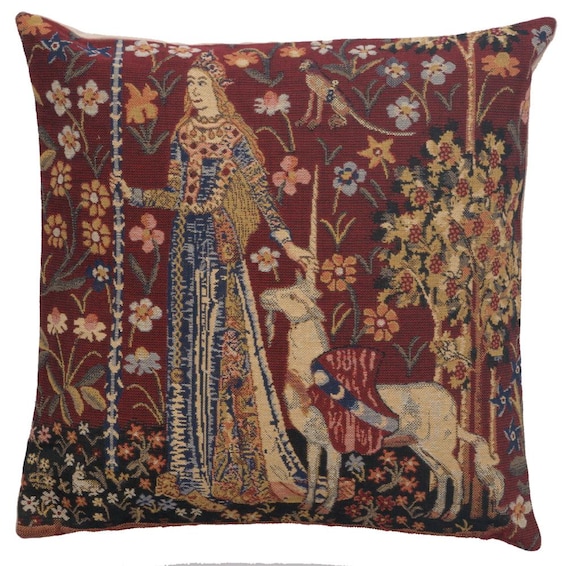 Lady and Unicorn Tapestry Pillow Cover: Medieval Belgian Woven Cushion (16x16 inch)