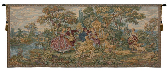 Italian Rococo Woven Wall Tapestry: Minuetto Grande Couple Art