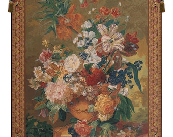 Terracotta Floral Bouquet Gold European Wall Tapestry - Red & White Flower Bouquet Wall Art - Floral Wall Hanging - Woven Wall Decor Art