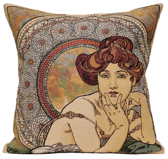 Mucha Tapestry Cushion Cover: Art Nouveau Jacquard Woven Throw Pillow