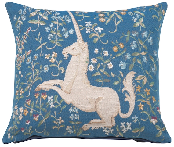 Medieval Unicorn Tapestry Cushion Cover - Blue Floral 19x19  Inch Decorative Sofa Pillow Case