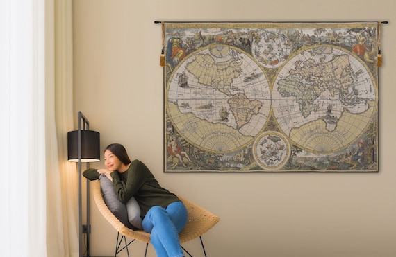 European Map Tapestry Wall Hanging: Medieval Jacquard Woven Decor