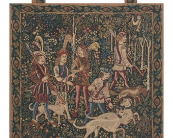 Unicorn Hunt with Loops European Wall Tapestry - Green Unique Wall Hanging - Medieval Tapestry Wall Décor - Modern Woven Wall Art