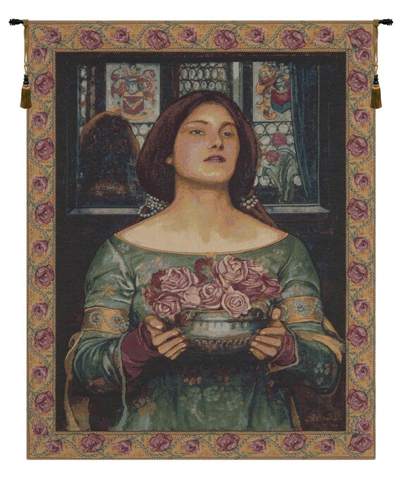 Gathering Rosebuds Tapestry: John William Waterhouse Italian Woven Wall Art