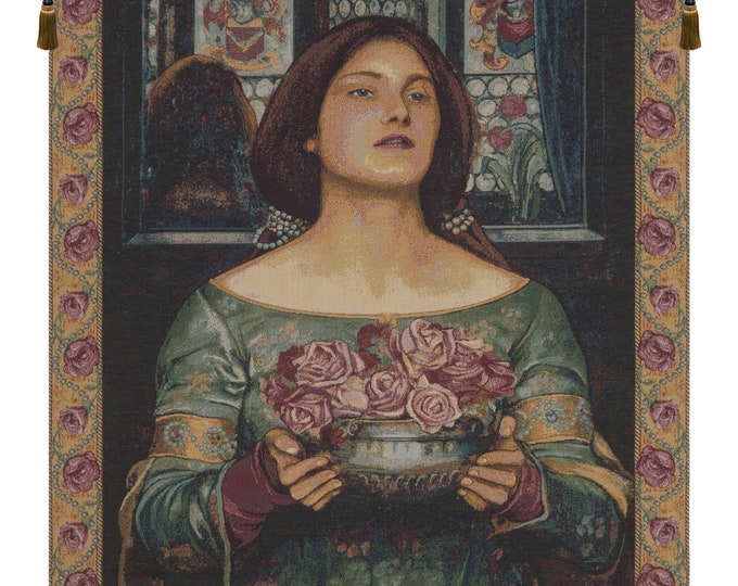Gathering Rosebuds Tapestry: John William Waterhouse Italian Woven Wall Art