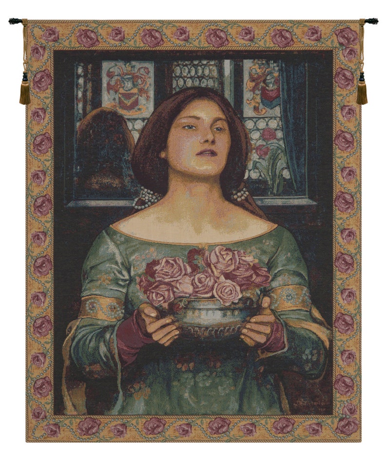 May include: A tapestry featuring a woman in a green dress holding a bowl of pink roses. The woman is looking up and has a serene expression. The tapestry has a gold and brown background with a border of pink roses.