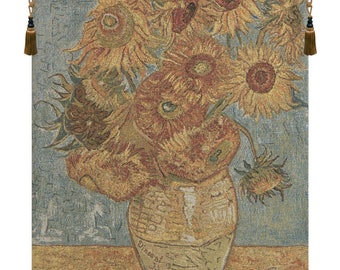 Vincent Sunflowers European Wall Tapestry - Belgian Still Artwork Wall Decor, Jacquard Woven Floral Wall Art Decor - Italian Wall Tapestry