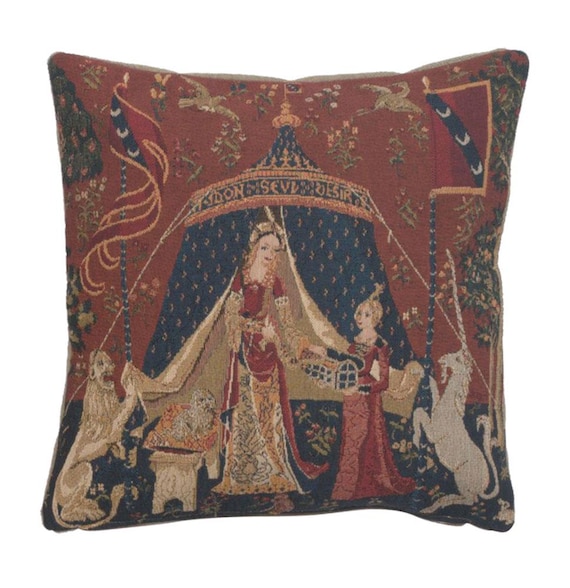 Woven Tapestry Pillow Cover: "A Mon Seul Desir" Belgian Medieval Decor