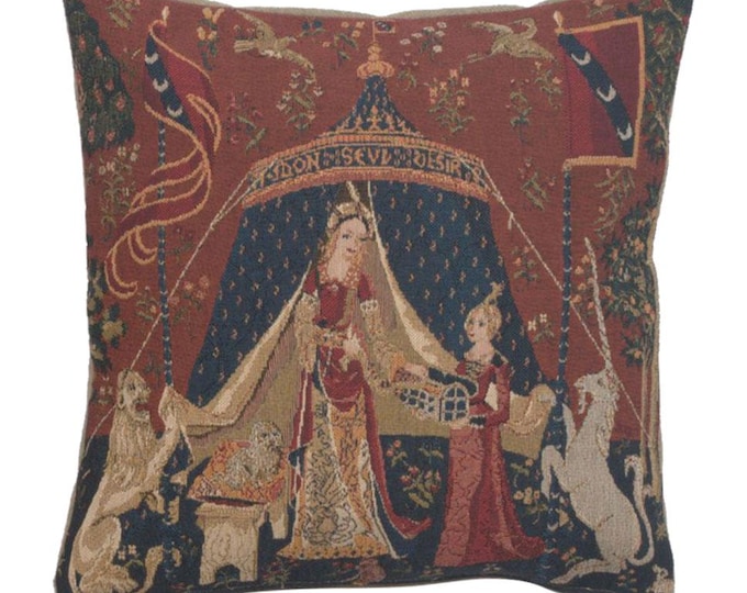 Woven Tapestry Pillow Cover: "A Mon Seul Desir" Belgian Medieval Decor