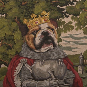 Housse de coussin chien Arthur belge, 18 x 18 tissée en Belgique décoration bouledogue, coussin, tapisserie armure de chevalier médiéval cadeau unique image 3