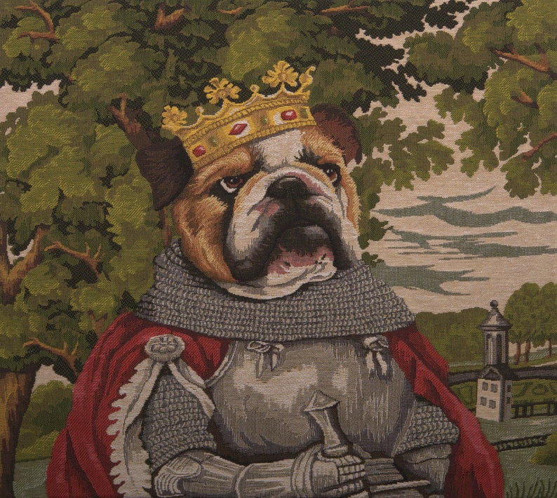 Housse de coussin chien Arthur belge, 18 x 18 tissée en Belgique décoration bouledogue, coussin, tapisserie armure de chevalier médiéval cadeau unique image 3