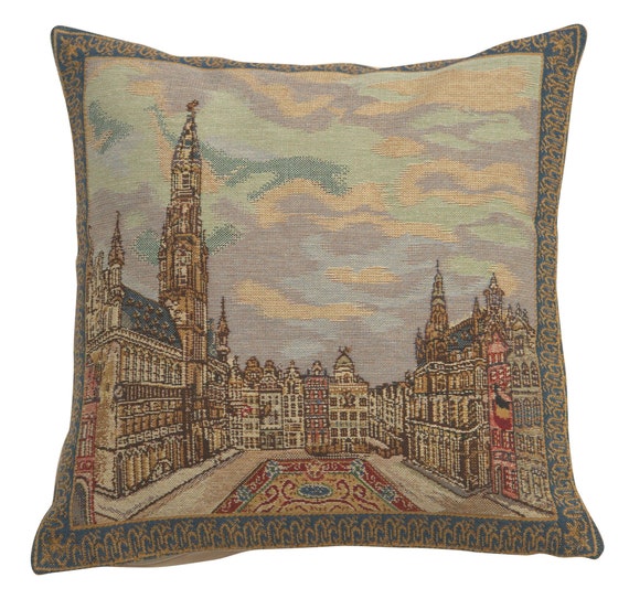 Grand Place Brussels Tapestry Pillow Cover: Belgian Woven Cushion (16x16 inch)