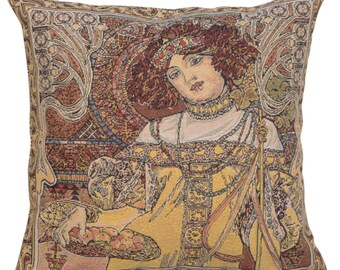 Mucha Autumn, Belgian Tapestry Cushion Cover, Decorative Sofa Pillow Case,  Woven Belgian, Throw Pillow Cover, 18x18, Gobelin Cushion Cover